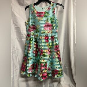 Aqua striped floral dress girls size 14 like new